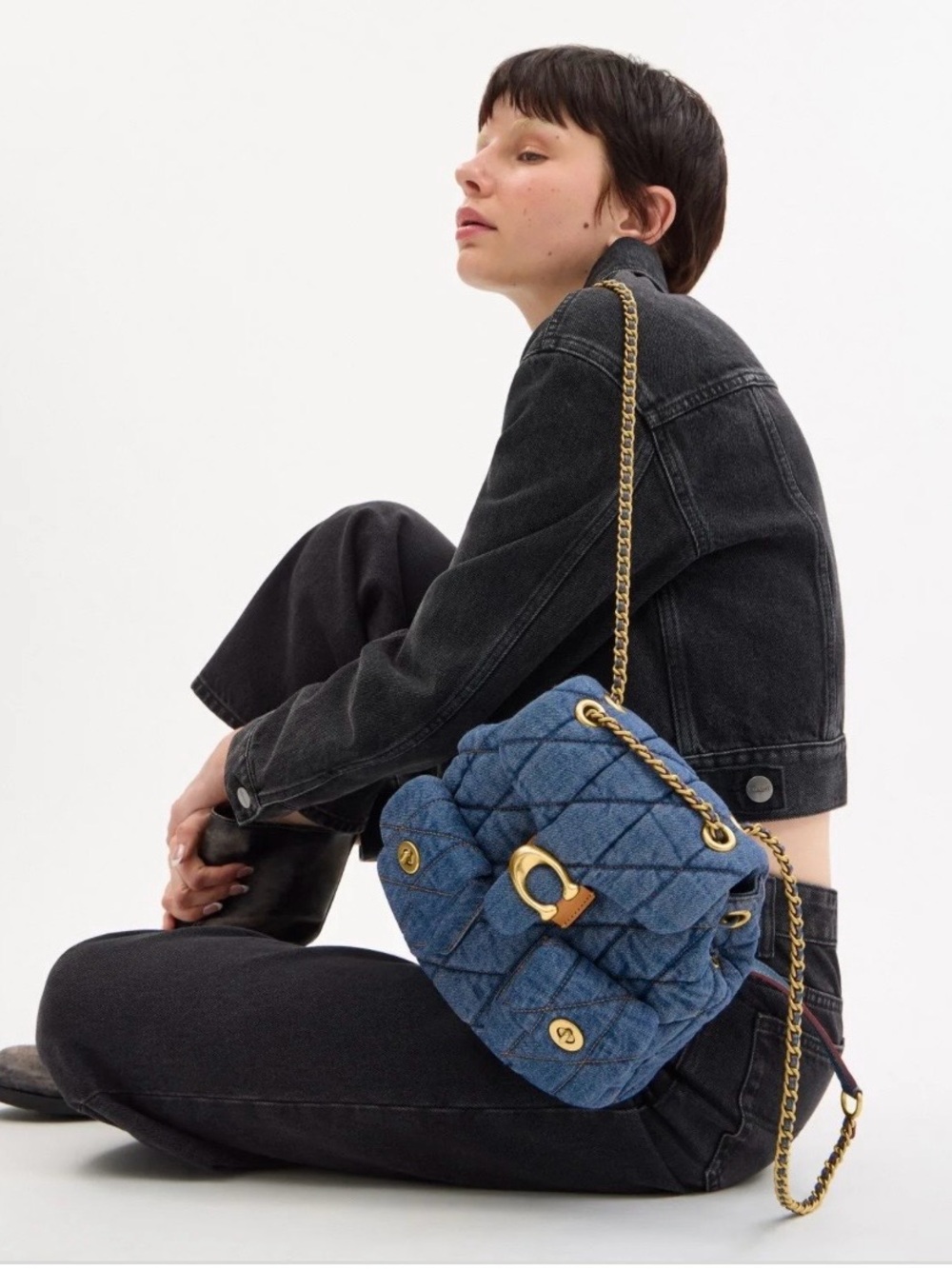 Coach Quilted Blue Denim Shoulder Bag with Gold Hardware